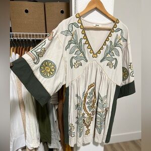 Boutique Embroidered Cotton Linen Blend Mini Dress in Cream Sage